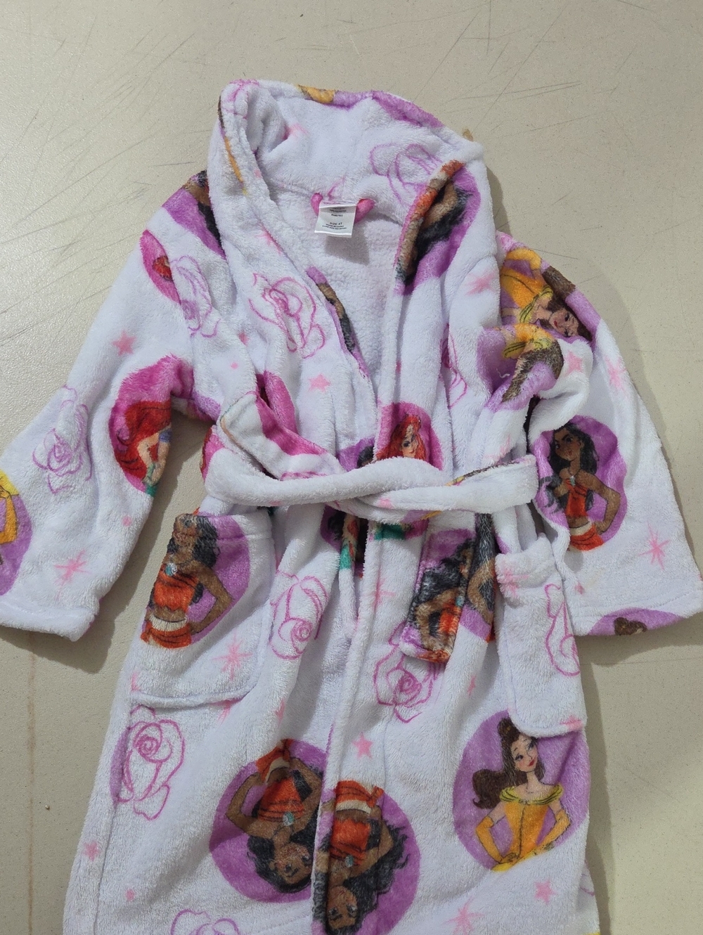 Disney Girls White Plush Hooded Robe with Pink & Purple Character Accents